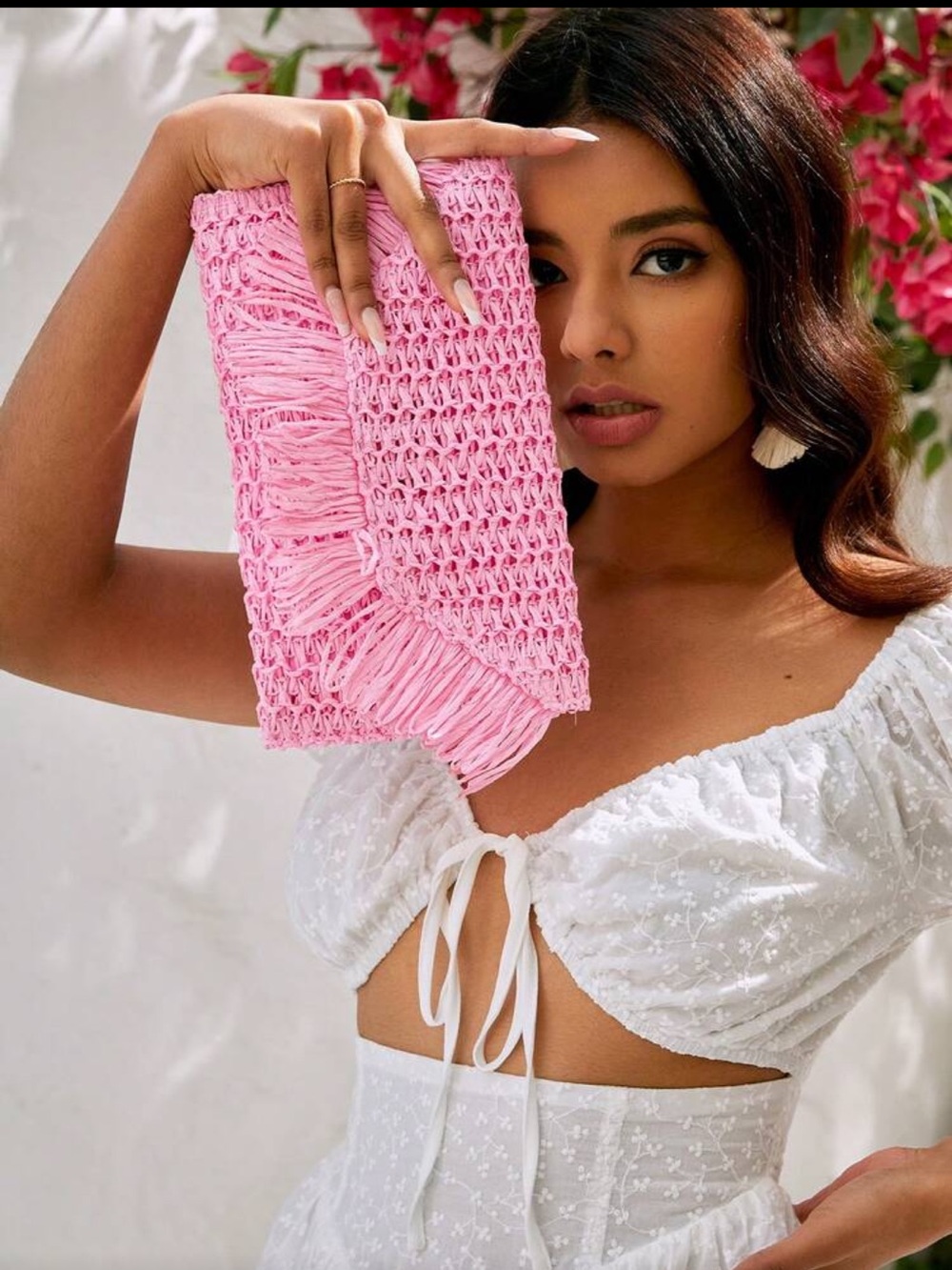 Baby Pink Crochet Fringe Clutch
